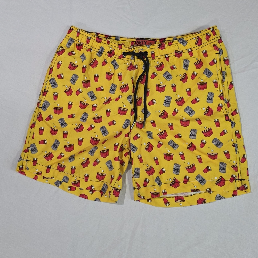 Party Sharks Beer Pong/ Keg Patterned Swim Trunks/Shorts with Back Pocket. S